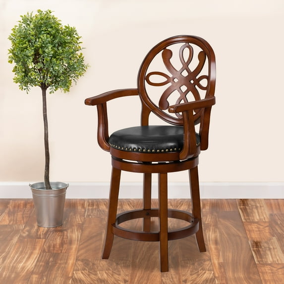 26"H Brandy Wood Counter Height Stool with Arms and Swivel Seat