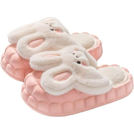 

PIKADINGNIS Women s Cute Soft Plush Rabbit Fuzzy Slippers with Heightening Detachable Soles Winter Warm Animal Home Slippers