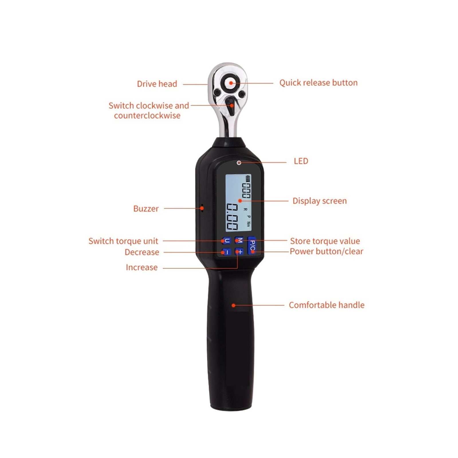 Handheld Digital Torque Wrench Large Screen With Backlight Sound LED Alarm Real-time Peaks Measurement Four Units Switching ,Versatile Torque Units