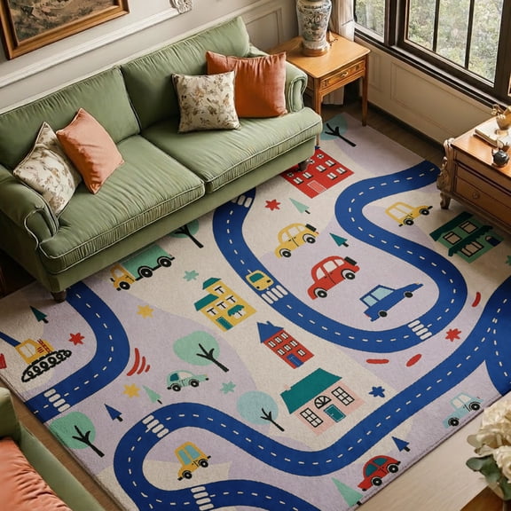 Rdsfhsp Kids Road Map Velvet Area Rug, Colorful Winding Roads Cars and Houses Pattern Soft Carpet for Playroom Bedroom Nursery Home Decor