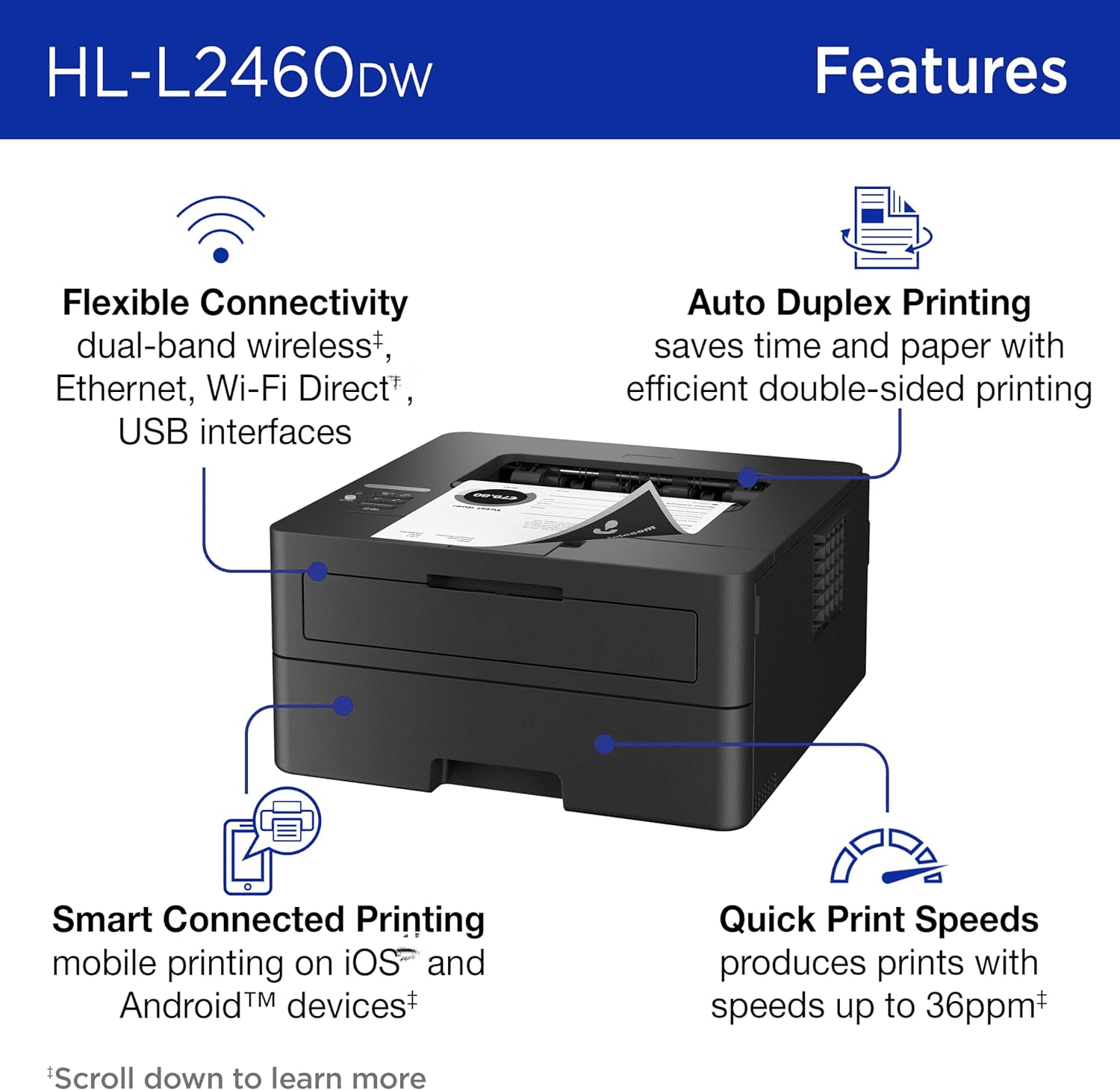 HL-L2460DW Wireless Compact Monochrome Laser Printer with Duplex, Mobile Printing, Black & White Output | Includes Refresh Subscription Trial(1),