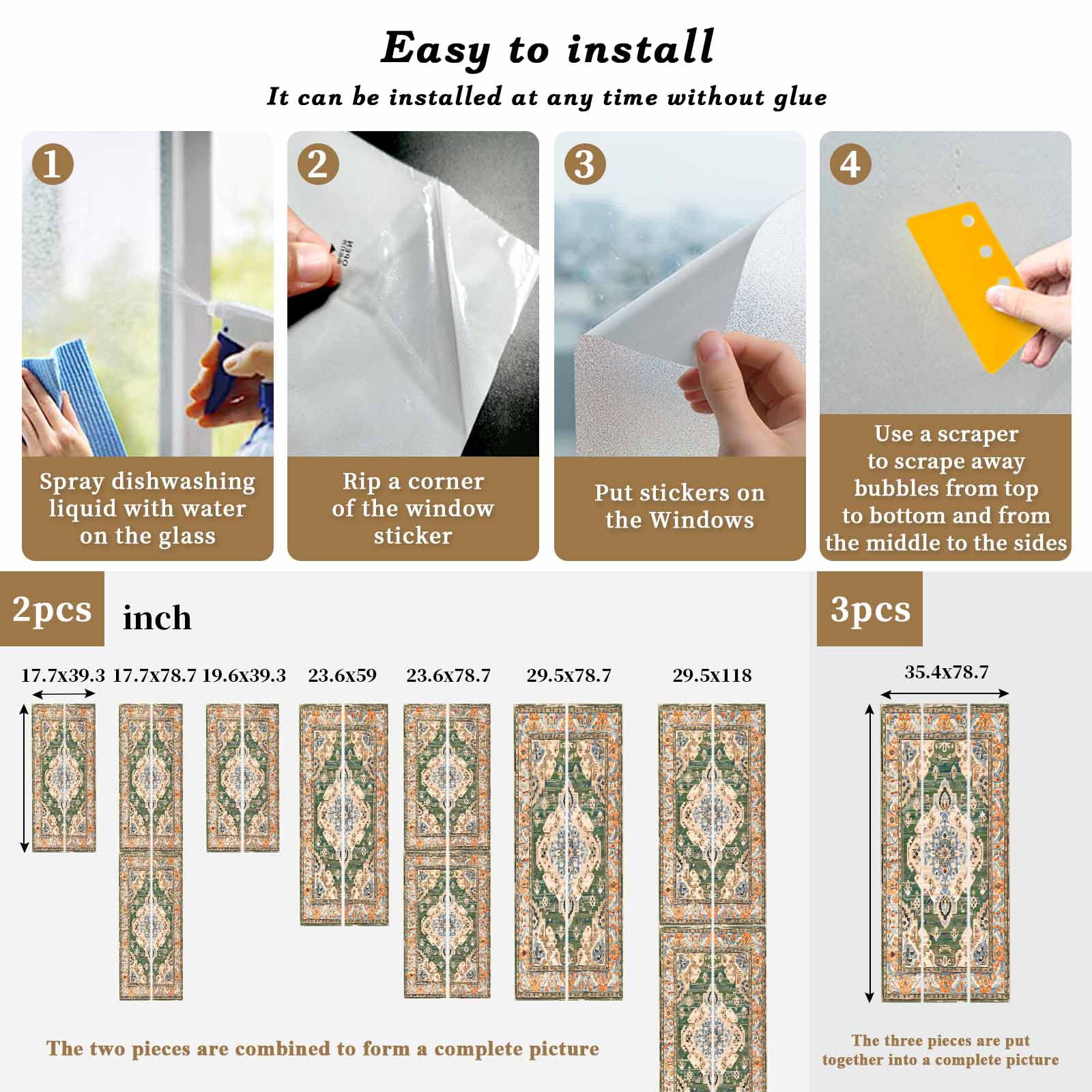Static Cling Door Window Covering, Boho Window Privacy Film Frosted, Green Brown Ethnic Tribe Abstract Vintage Western UV Blocking Windows Film for Office, Hotel, Bedroom, 29.5 x 78.7 Inches