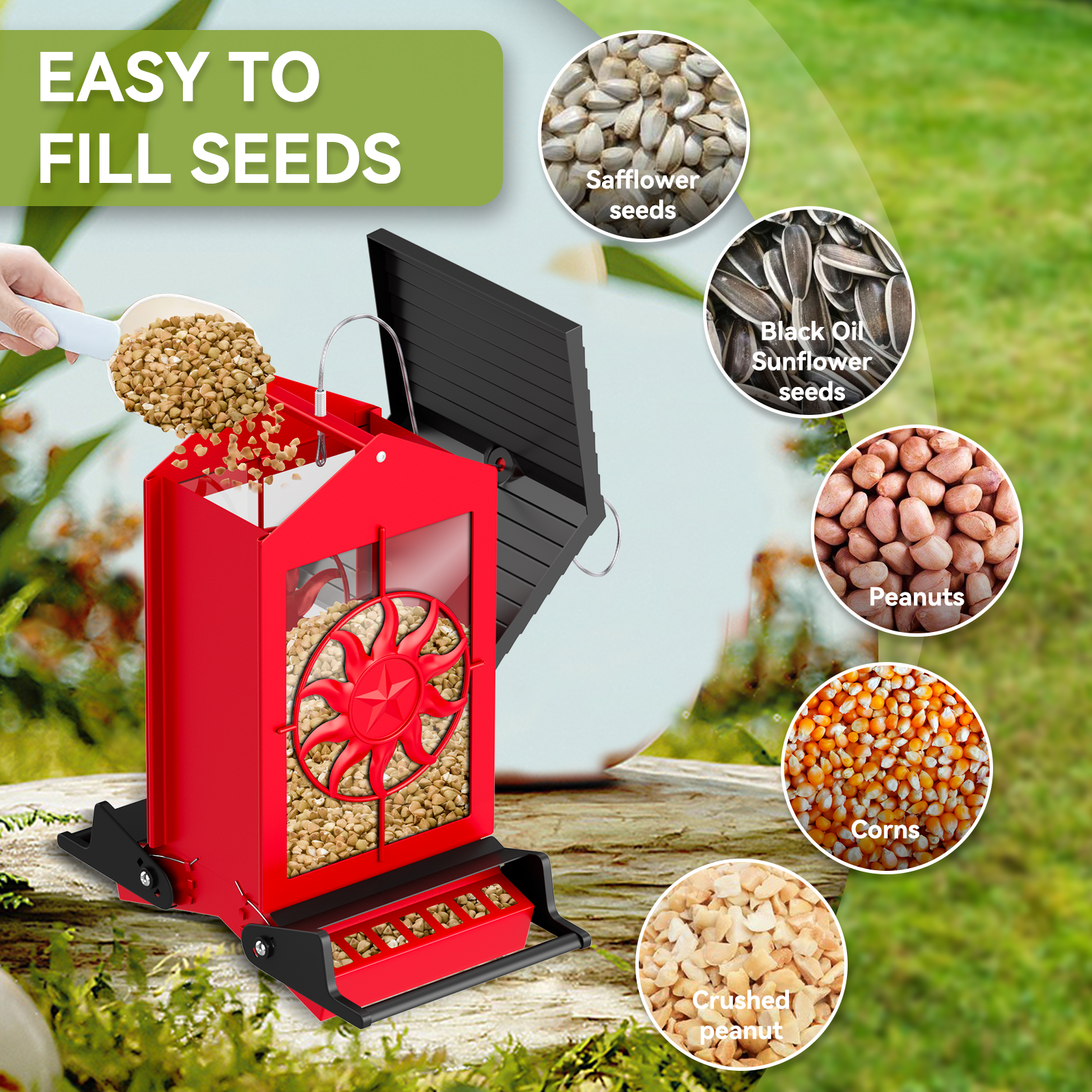 Squirrel Proof Bird Feeder for Outdoors Hanging, Metal Wild Bird Seed Feeder with Bilateral Weight-Activated Perches, 5LB Large Capacity Wild Bird Feeders for Outside Finch, Cardinal, Blue Jay