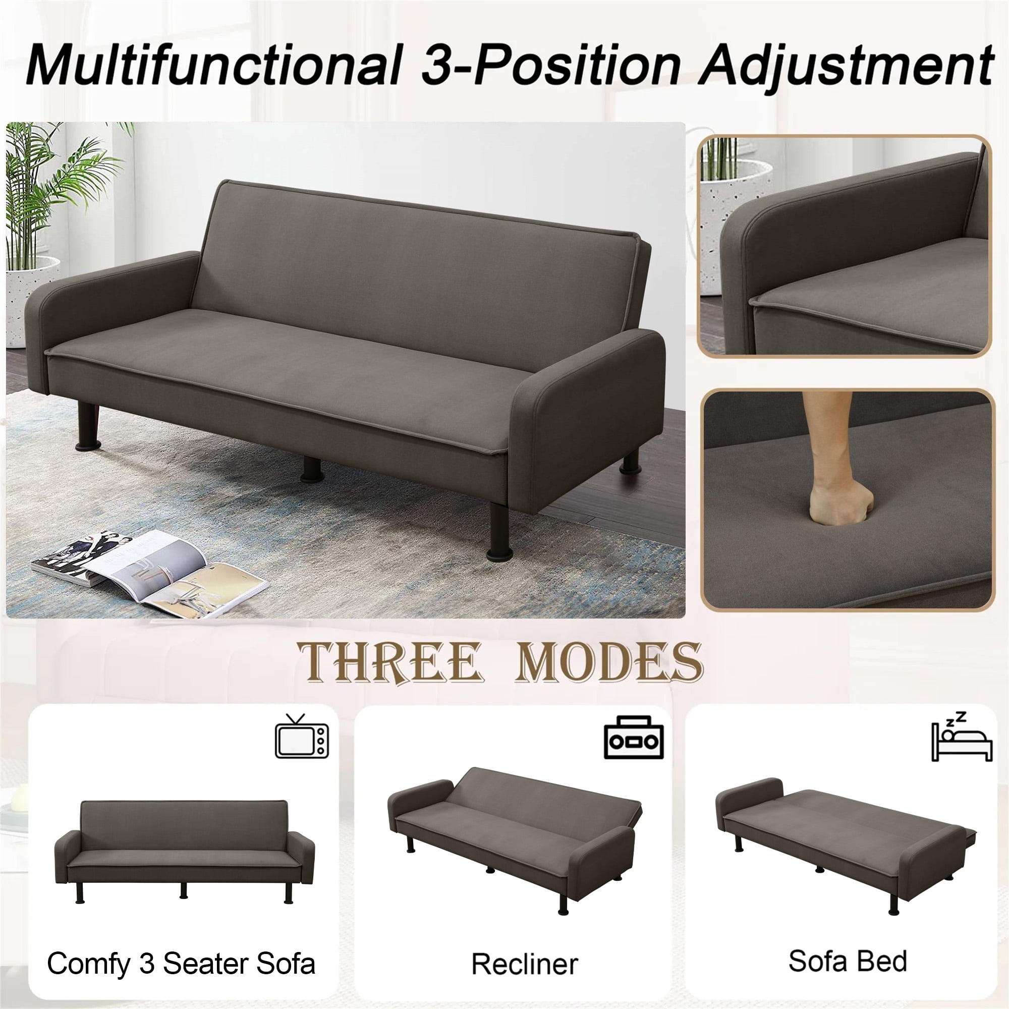 Aukfa 78" Square Arm Futon Sofa Bed Upholstered 3 Seat Couch for Home Office, Flannel, Brown