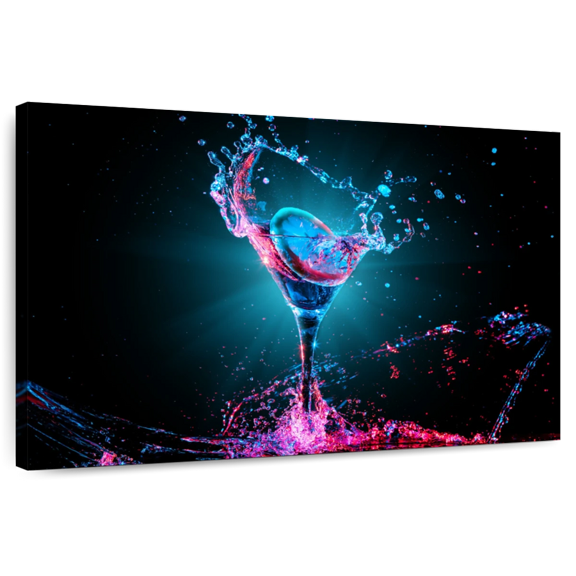 Elephant Stock Neon Cocktail Wall Art - Horizontal Canvas Wall Art - Living Room Wall Decor - Food And Drink Canvas - Teal And Black Decor - 12" x 8"