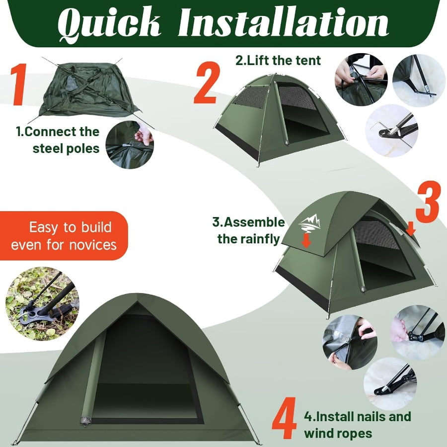 "3-4 Person Dome Tent for Camping with Rainfly | Waterproof & Windproof | Spacious for 2 | Easy Setup | Backpacking Tent for Outdoor Adventure & Backyard Use"