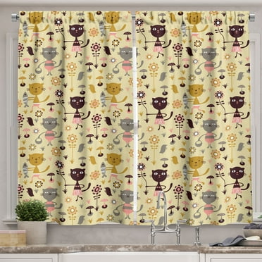 Ambesonne Cat Kitchen Curtains, Feline Animals in Forest, 55"x39", Multicolor