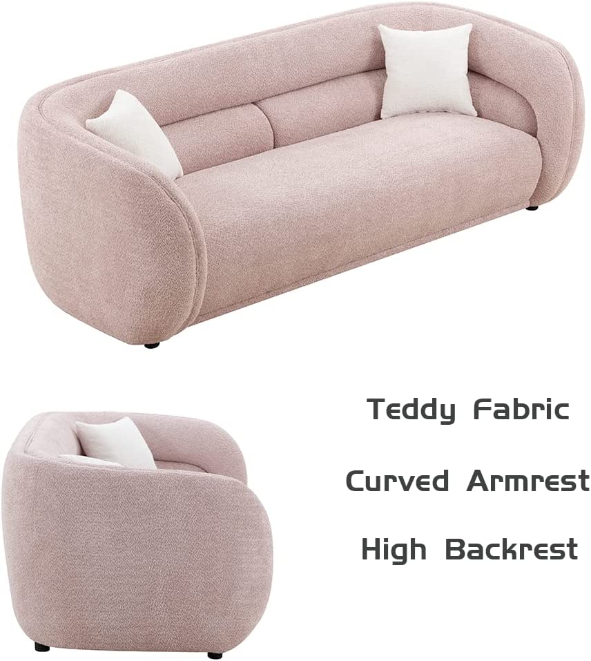 Williamspace 90.6" Modern Velvet Curved Sofa Couch,Luxury Boucle Fabric Sofa with 2 Throw Pillows for Living Room Apartment,Pink