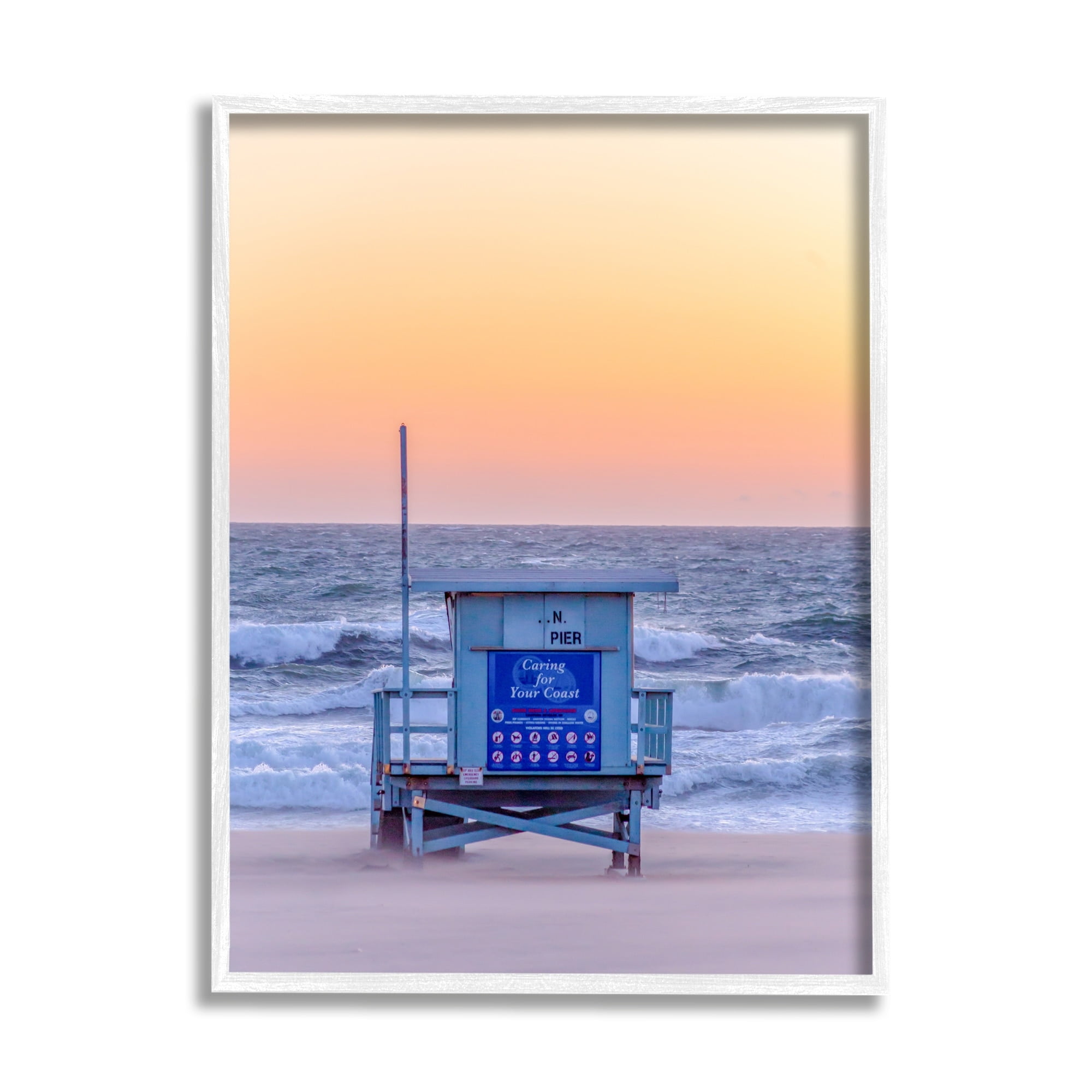 Stupell Industries Tranquil Orange Sunset Beach Hut Ocean Shore Photograph White Framed Art Print Wall Art, Design by Jeff Poe