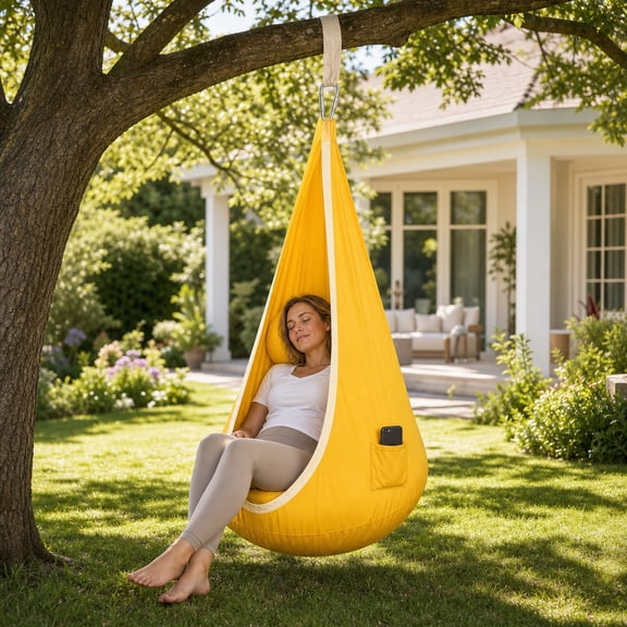 Yellow Nylon Hanging Swing Chair, Indoor Outdoor Hammock Seat with Full Accessories Kit, 63x27.6in