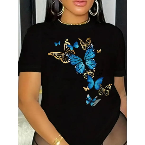 Butterfly print t-shirt, short sleeve crew neck casual top for summer & spring, women's clothing Tee Tee For Adult, Men, Women, Teen, Teenager, Adolescent, Youth