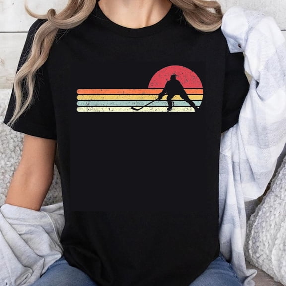 100% Cotton Hockey Player Sunset Stripe Design T-Shirt