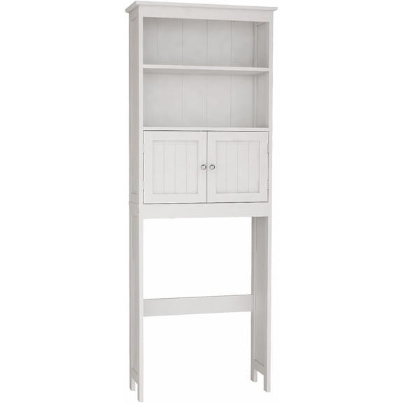 HarmonyStrings Over The Toilet Cabinet, Double Door Bathroom Storage Organizer, Toilet Rack with Inner Adjustable Shelf and Open Storage Shelf, White