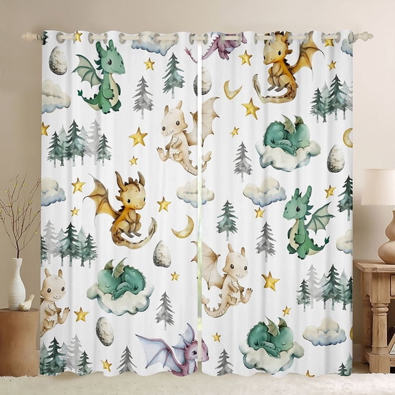 Homewish Cute Dragon Black Out Curtains for Children Kids Teens,Kawaii Animal Curtains Pack of 2 (42x63 Each),Cartoon Stars Print Bedroom Curtains,Lightweight Room Decor