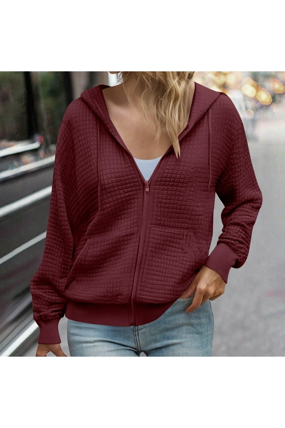 Full Zip Up Hoodies for Women Oversized Waffle Knit Long Sleeve Hooded Jacket Fall Casaul Cardigan with Pockets