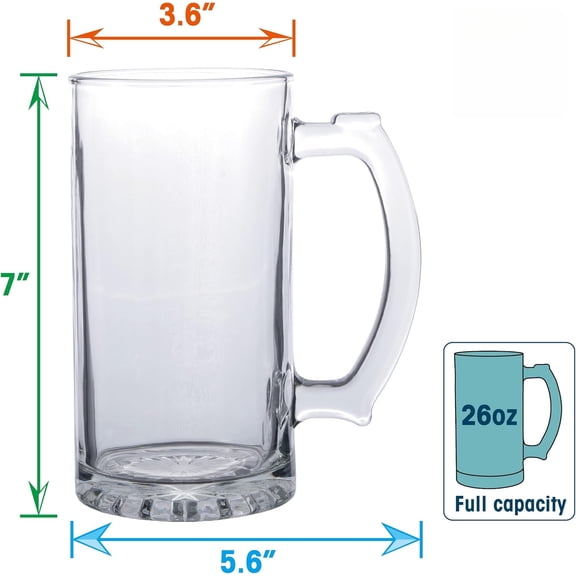26oz Glass Beer Mugs Set of 4, Thick Clear Mugs with Handles and Thumb Rest, Perfect for Beer, Ale, Cold Beverages, Durable Home or Bar Drinkware