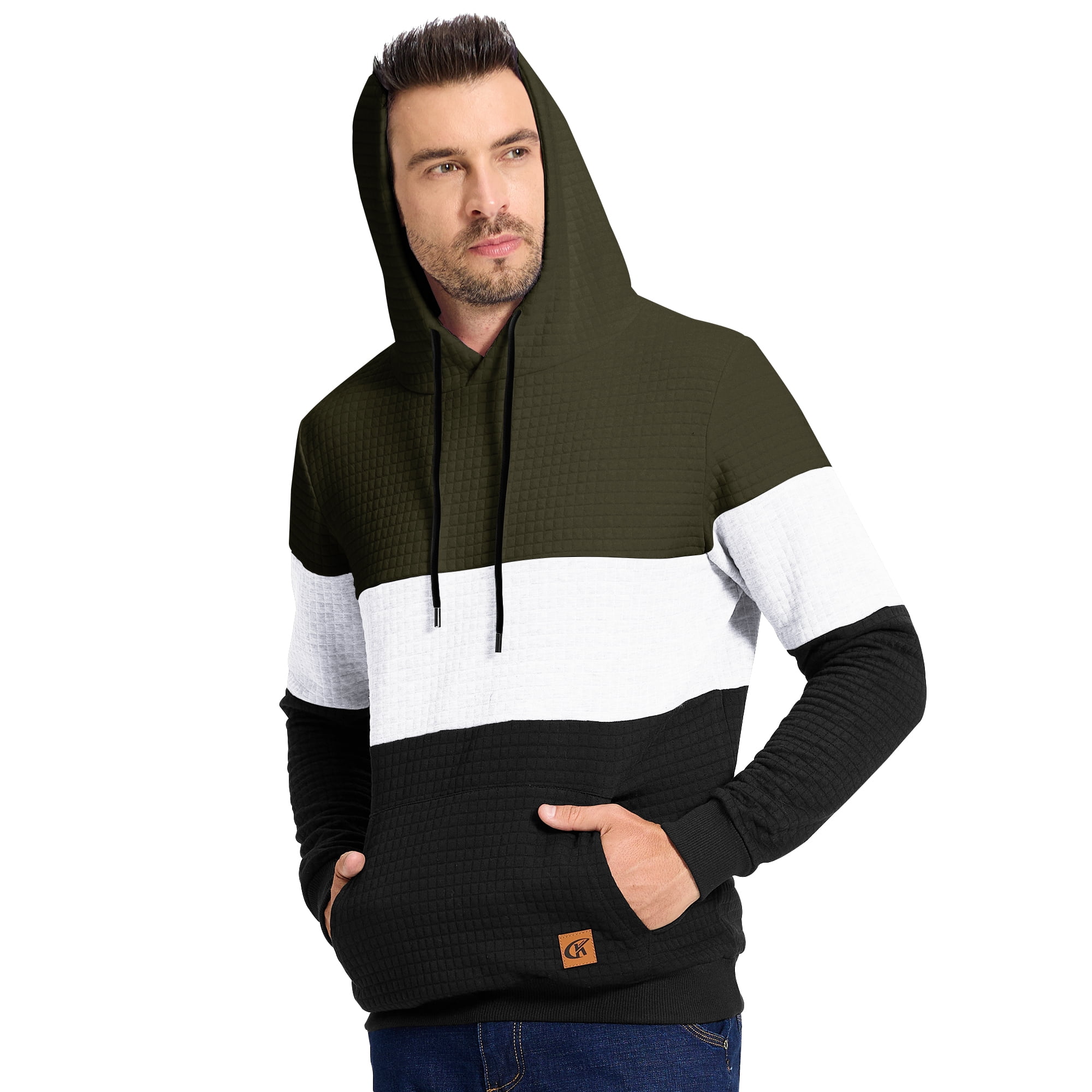 Satankud Men's Pullover Hoodies Plaid Jacquard Color Block Long Sleeve Casual Hooded Sweatshirts with Kanga Pockets Armygreen/White/Black 2XL
