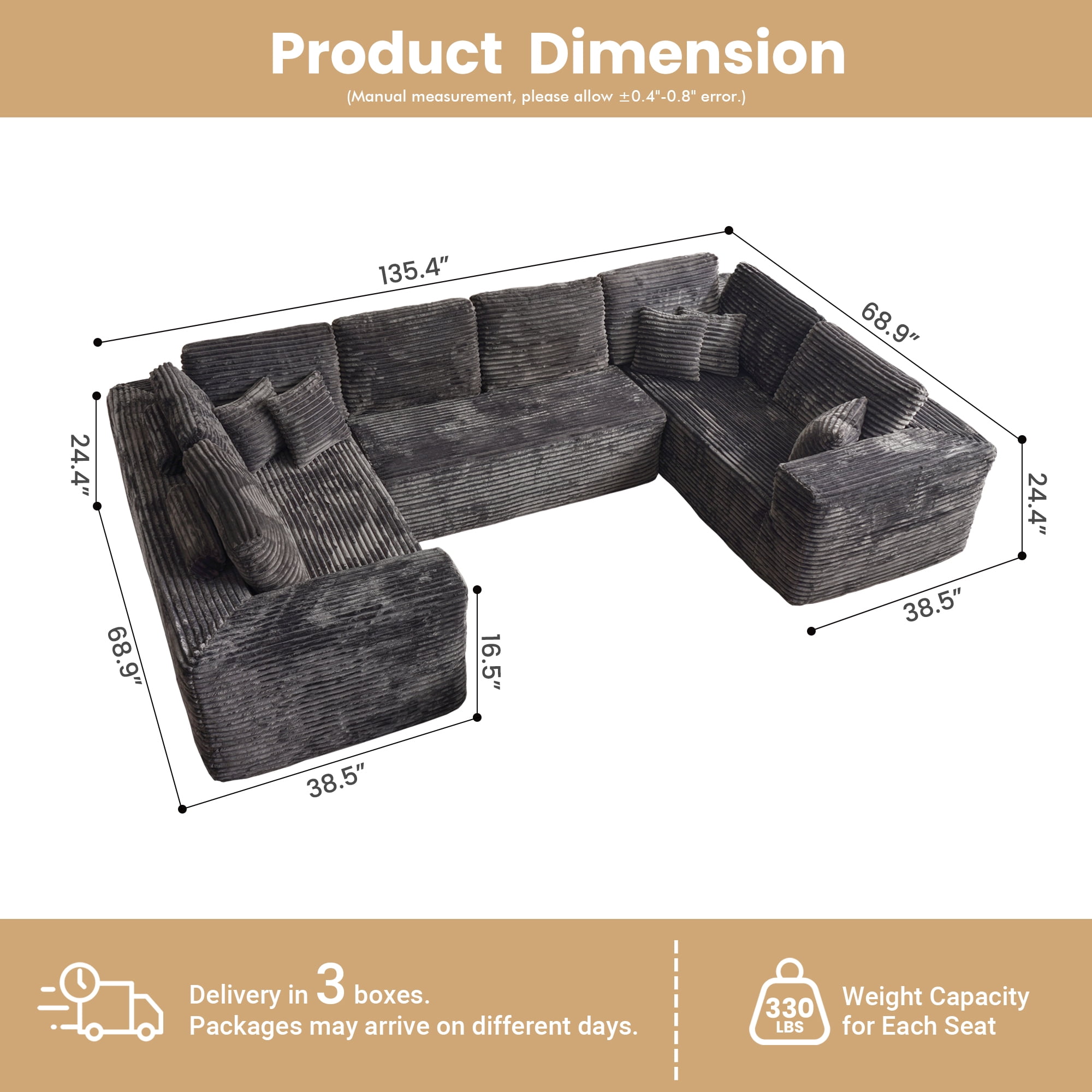 Ovios 135'' x 68'' U-Shaped Oversized Sectional Sofa Modern Modular Cloud Couch with Deep Seat Plush Corduroy Upholstered Large Comfy Sofa for Living Room, No Assembly, Gray