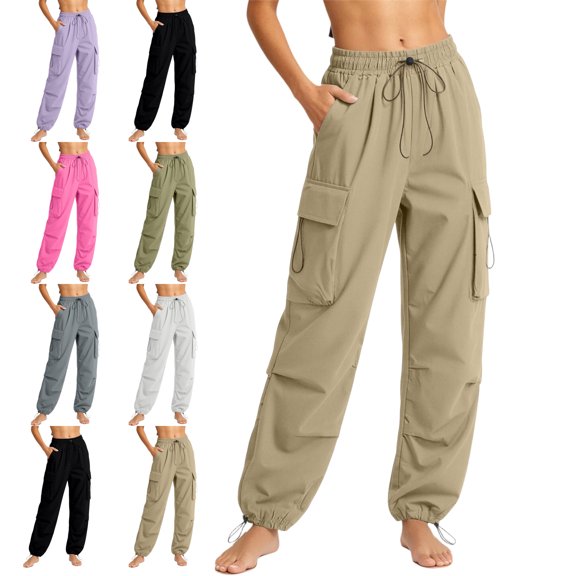 Parachute Cargo Pants for Women High Waist Loose Fit Multi Pocket Lightweight Casual Jogger Trousers