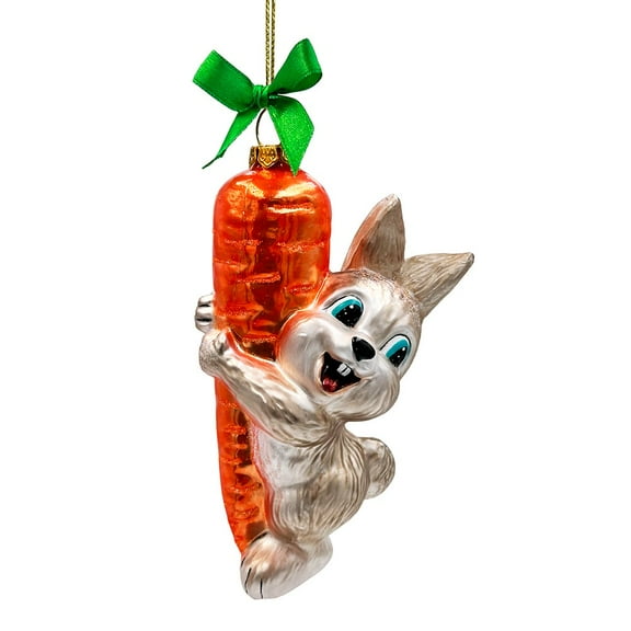 Playful Bunny Hanging on Carrot Glass Ornament, Christmas Gift for Kids