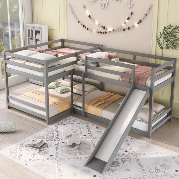 Full & Twin Size L-Shaped Bunk Bed with Slide & Short Ladder - Gray | 4 Beds in 1 Design