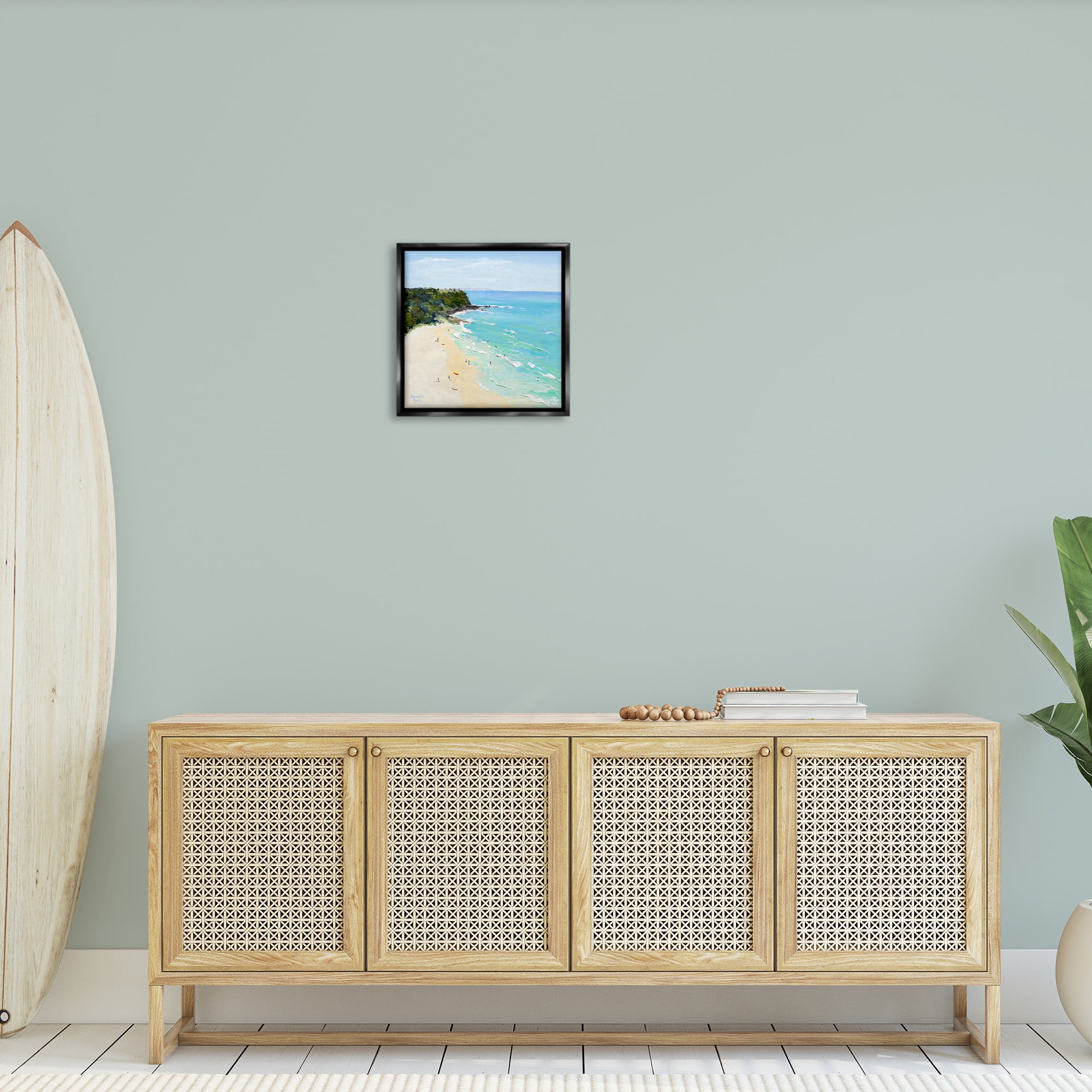Stupell Industries Aerial Beachgoers Painting Landscape Painting Black Floater Framed Canvas Art Print Wall Art, 18 x 18