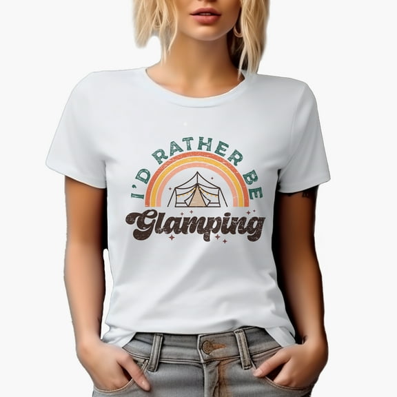 Distressed I'd Rather Be Glamping - Retro Rainbow & Tent Art Merch Gift, White T-Shirt, Small