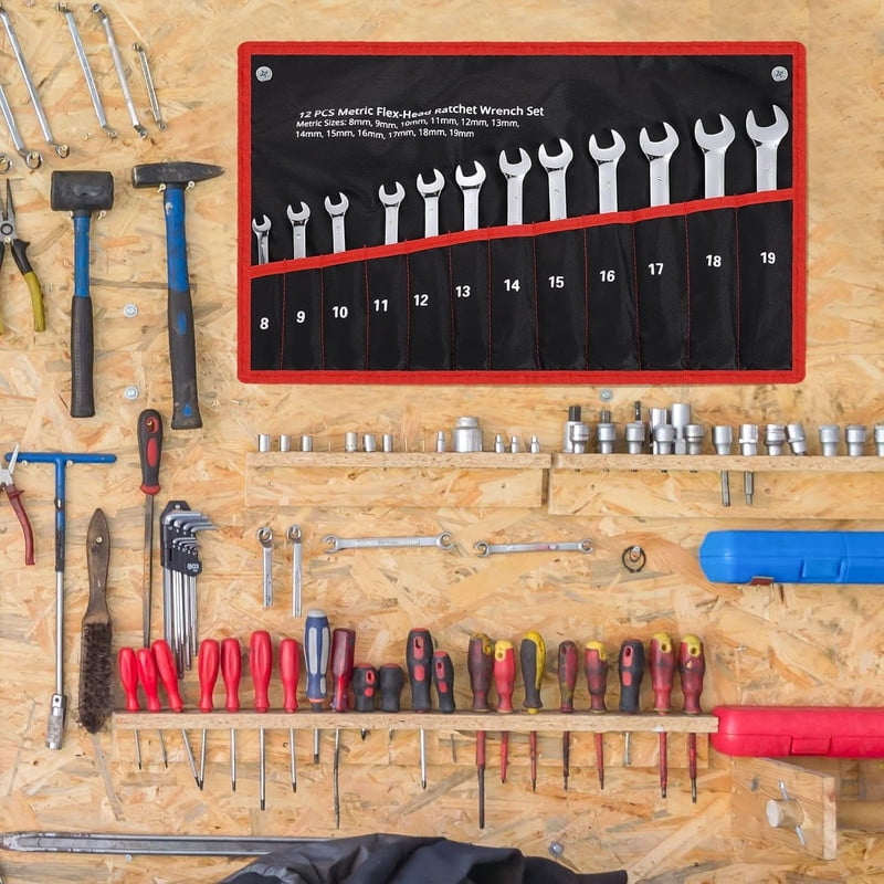 Towallmark 12 Piece Metric Ratcheting Wrench Set, 8 19mm Flex Head Wrenches, 72 Tooth Cr V Steel, Includes Storage Pouch, For Automotive Bike Home DIY Repairs