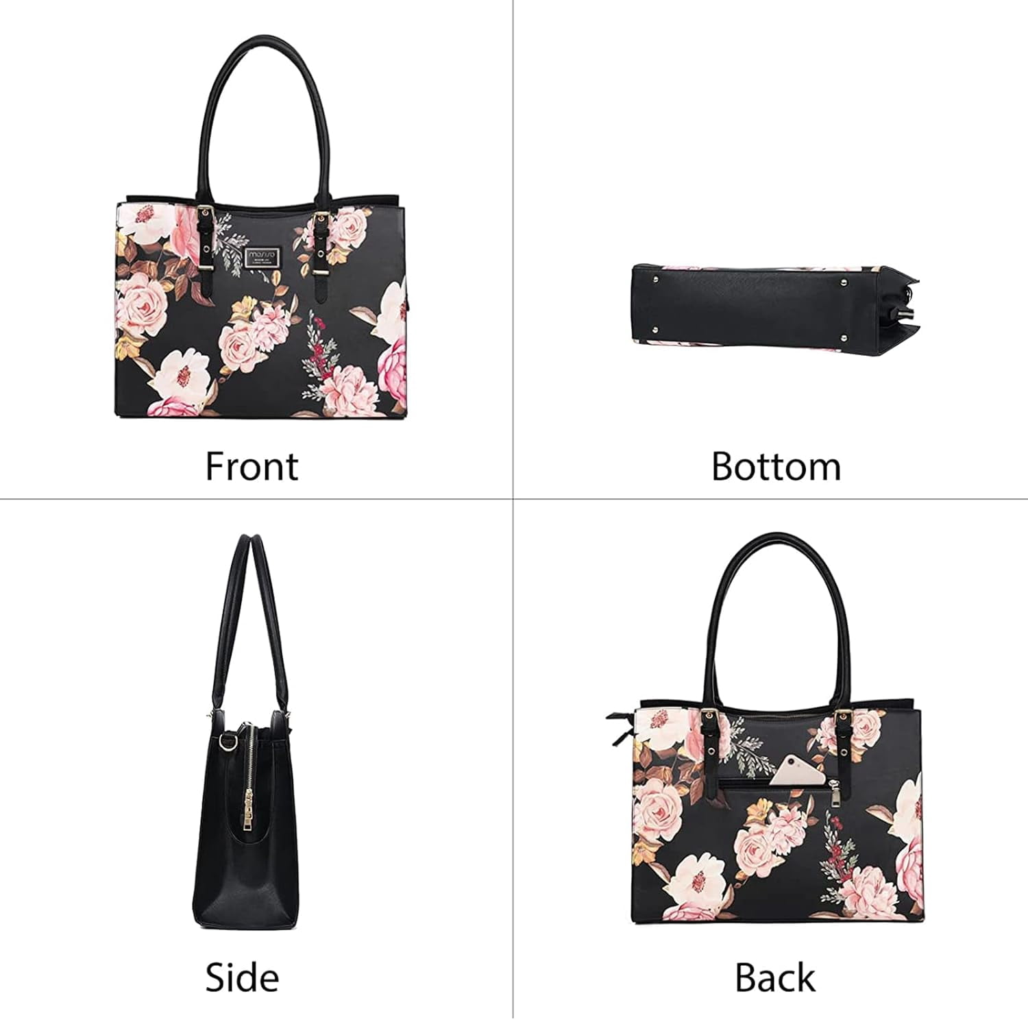 MOSISO 17.3 inch Laptop Tote Bag PU Leather Peony Briefcase with Adjustable Handle