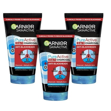 Garnier Pure Active Intensive 3in1 Charcoal Anti-Blackhead, Face Cleanser 150 ml 3 Pack