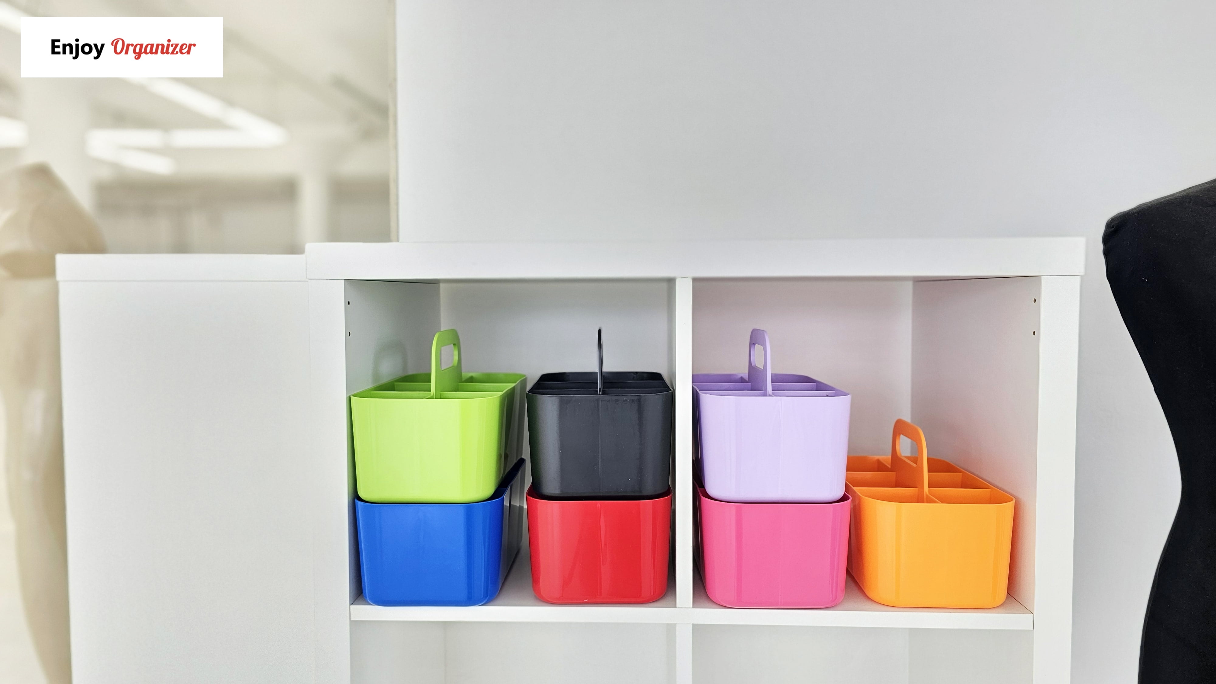 Enjoy Organizer - Small Stackable Plastic Caddy with Handle 6 Compartment | Desk, Makeup, Dorm Caddy, Classroom Art Organizers - 4 Pack, Made In USA (Hot Pink)