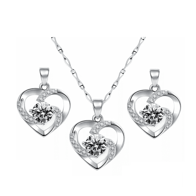 Set Collar Y Aretes Corazon Plata 925 Con Zircón Para Mujer 3pz Plata