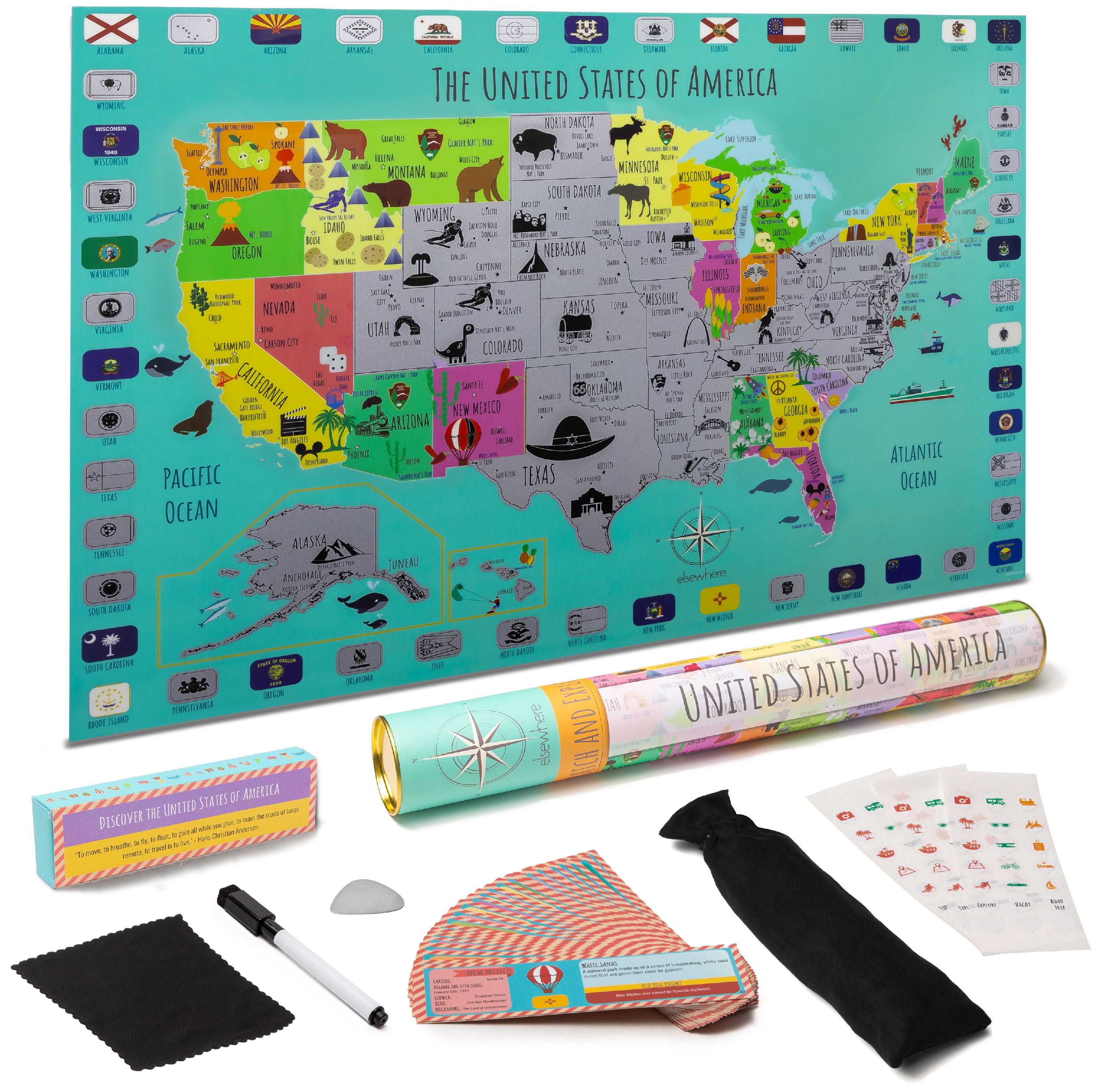 Fun United States Travel Map Poster Gift Premium Scratch Off USA Map for Travelers Scratch Off United States Map with US National Parks & 50 USA Landmarks Includes Full Accessories Set & eBook 