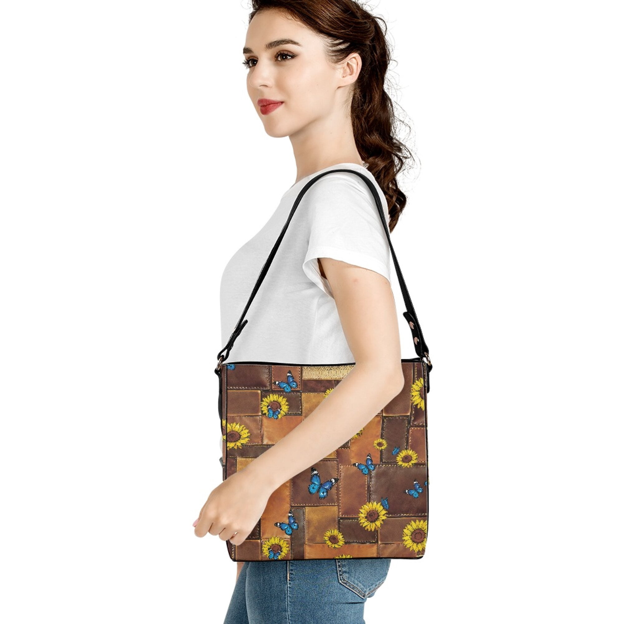 Kuiaobaty Sunflower Print Shoulder Crossbody Bag for Women, Butterfly Print Leather Hobo Satchel Purse with Adjustable Strap, Spacious Sturdy Bucket Tote Crossbody Bag for Travel, Brown