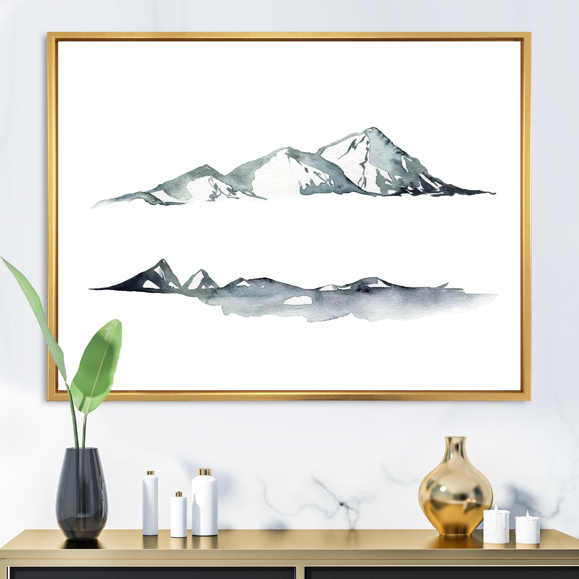 Designart 'Minimalistic Dark Blue Mountains Landscape' Modern Framed Canvas Wall Art Print