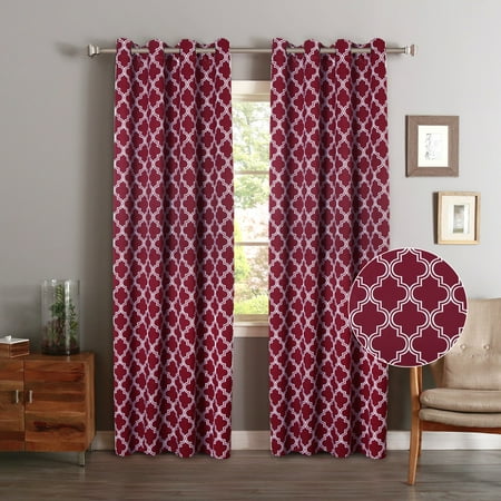 Unlined Set - FlamingoP Room Darkening Moroccan Tile Quatrefoil Blackout Top Grommet Unlined Thermal Insulated Window Curtains, Set of Two Panels, each 84 by 52, Cardinal