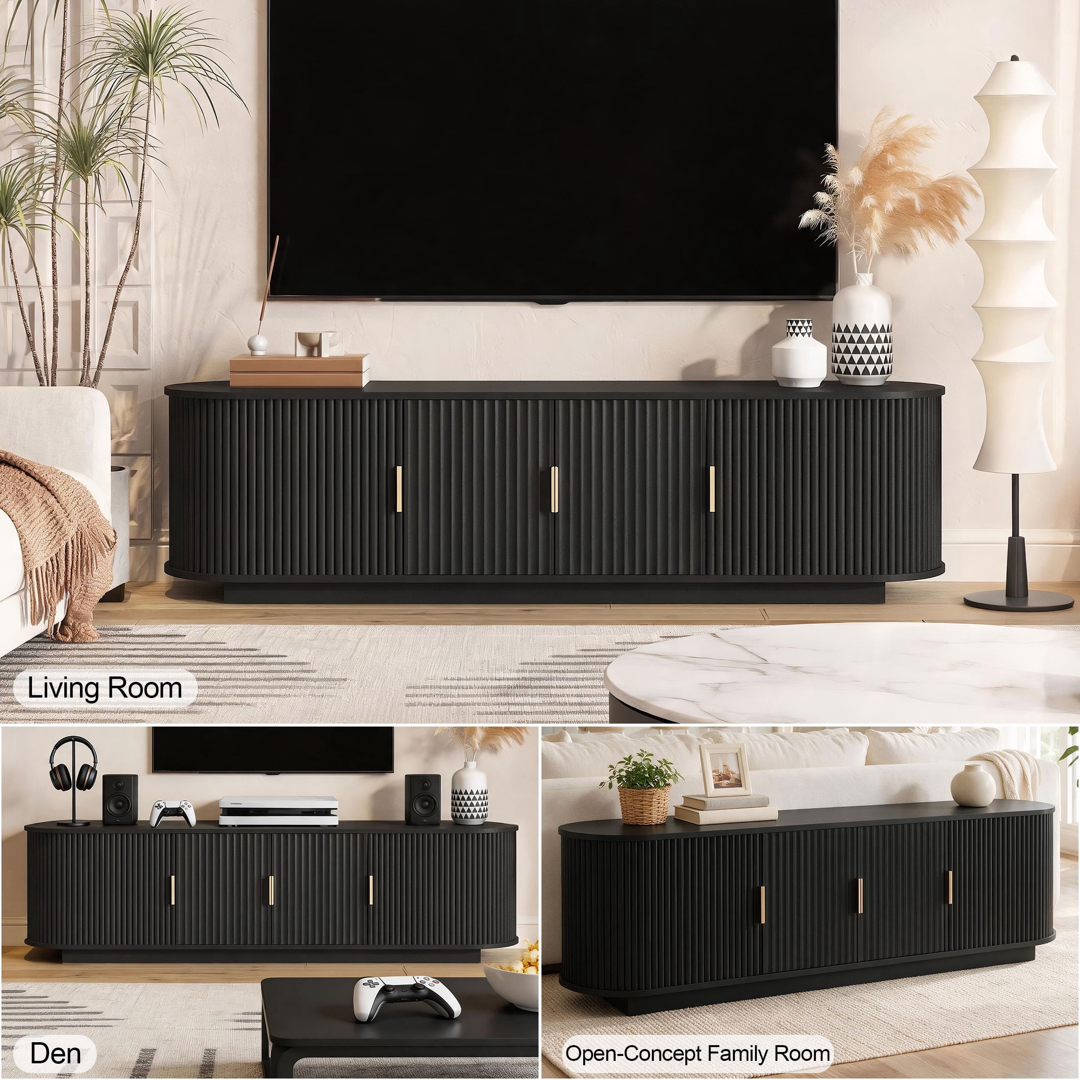 PORKISS Modern Fluted TV Stand for 75 Inch TV, Wood Entertainment Center with Tambour Sliding Doors, TV Console with Storage Cabinet, Media Console Table for Living Room Bedroom, Black