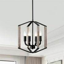 Miner 14 in. 4-Light Indoor Matte Black and Faux Wood Grain Finish Chandelier with Light Kit