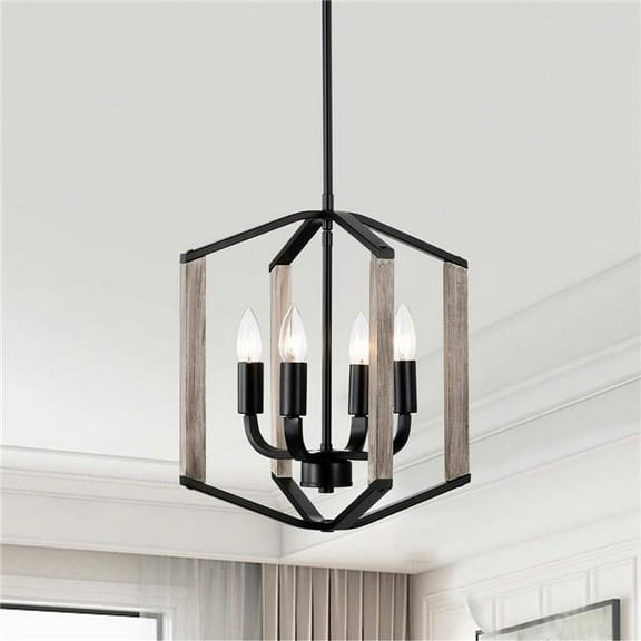 Miner 14 in. 4-Light Indoor Matte Black and Faux Wood Grain Finish Chandelier with Light Kit