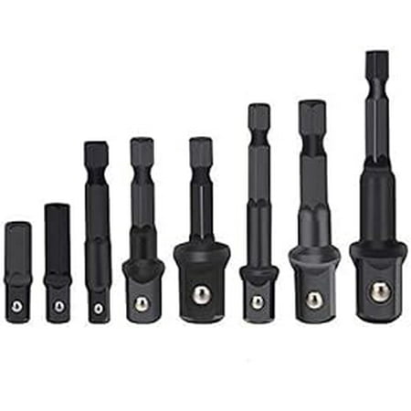 8-Piece Impact Grade Power Drill Sockets Adapter Sets, Hex Shank Impact Driver Socket Adapter, Socket to Drill Adapter 1/4" 3/8" 1/2" Impact Driver Adapter