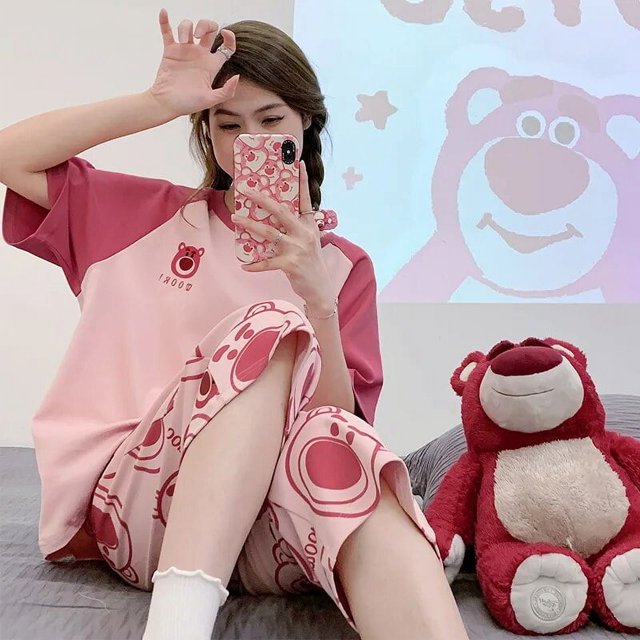 Disney-Conjunto de pijama de oso de fresa para mujer, Top de manga corta y pantalones cortos, ropa de dormir, talla grande 4XL