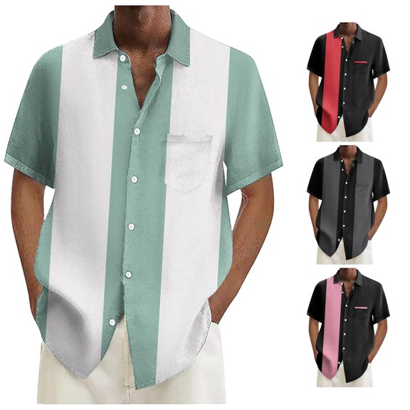Mens Bowling Shirts 1950s Casual Short Sleeve Button Up Contrast Summer Color Block Cuban Printed Green S