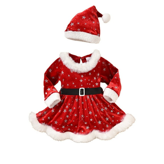 Wangmeiwg Girls' Dresses Baby Girls Festive Holiday Outfit Star Print Long Sleeve Dotted Jumpsuit Dress With Cozy For Christmas Party Photography 9-12 Months Red