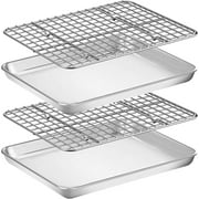 10 Inch Baking Pan with Rack set of 4, Stainless Steel Small Toaster Oven Tray Pans with Cooling Racks, Non-toxic & Heavy Duty, Extra Thick & Rolled Rim, Mirror Finished & Dishwasher Safe