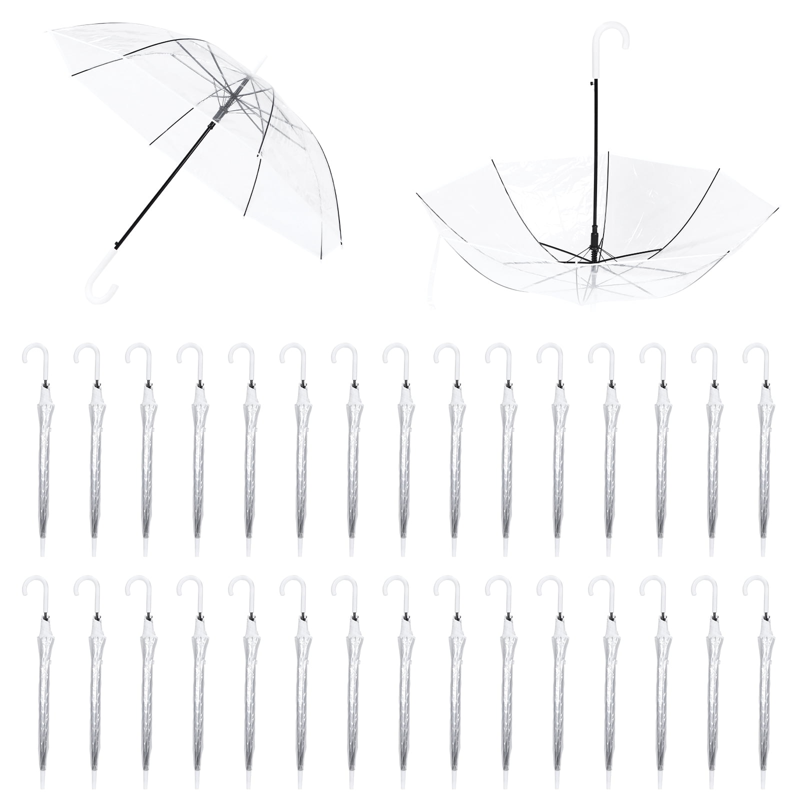 Qiyester 32-Pack Wedding Stick Umbrellas with J Hook Handle Auto Open Clear Umbrellas Bulk for Wedding Bride Groom Photography Golf Outdoor