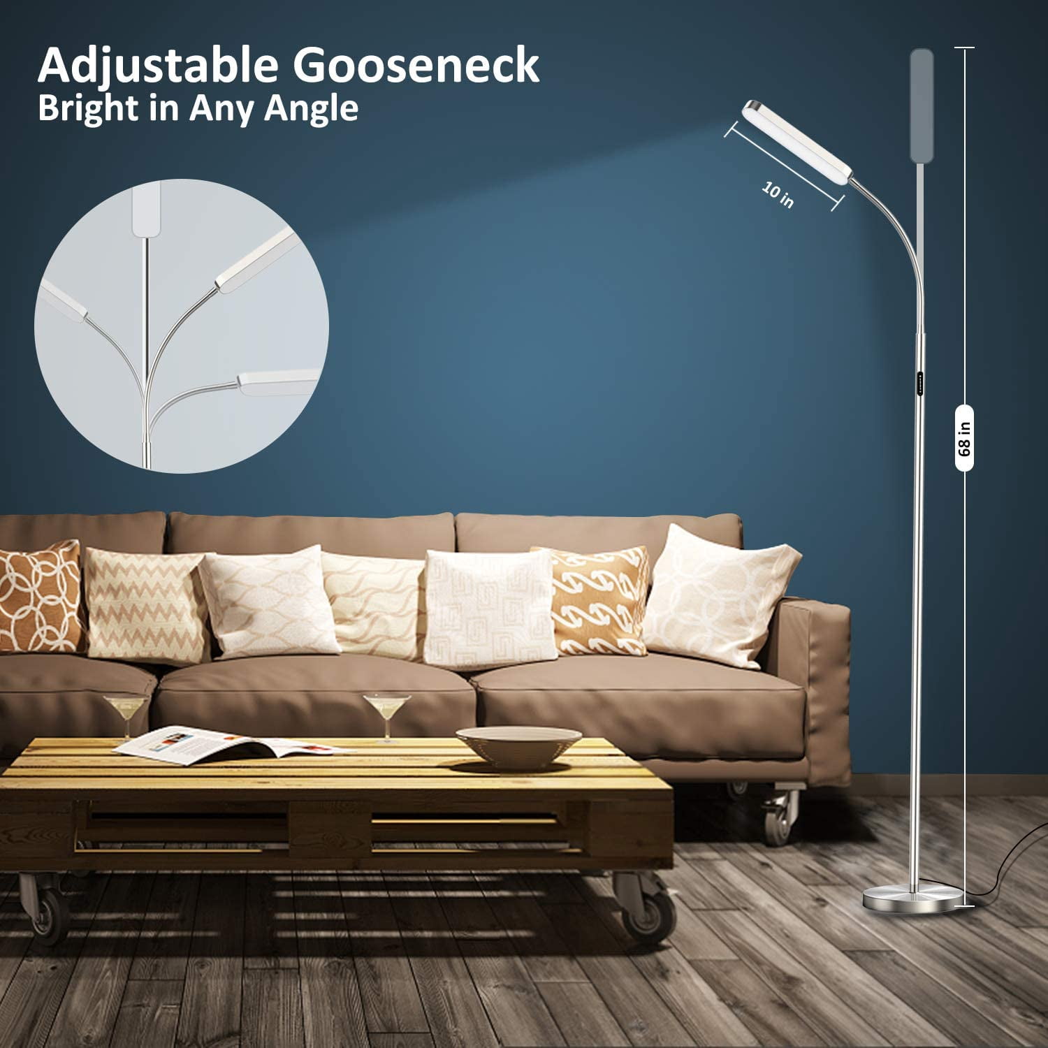 Floor Lamp, 15w/1000lm Bright LED Floor Lamp with Stepless Adjustable 3000K-6000K Colors and Dimmer, Remote and Touch Control Reading Lamp, Adjustable Gooseneck Floor Lamp for Living Room