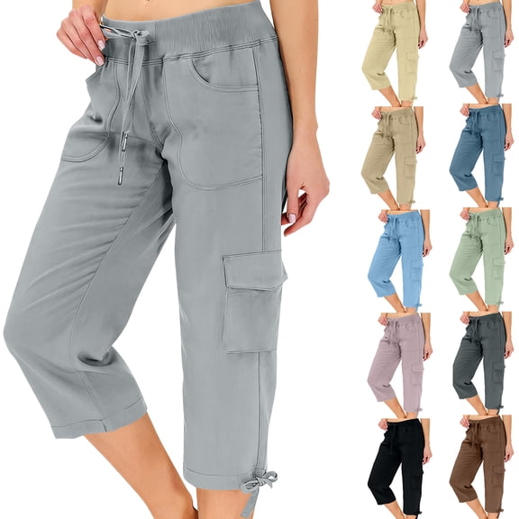 Capri Pants for Women Summer Quick Dry Drawstring Cargo Capris Outdoor Golf Hiking Pants with Pockets, S