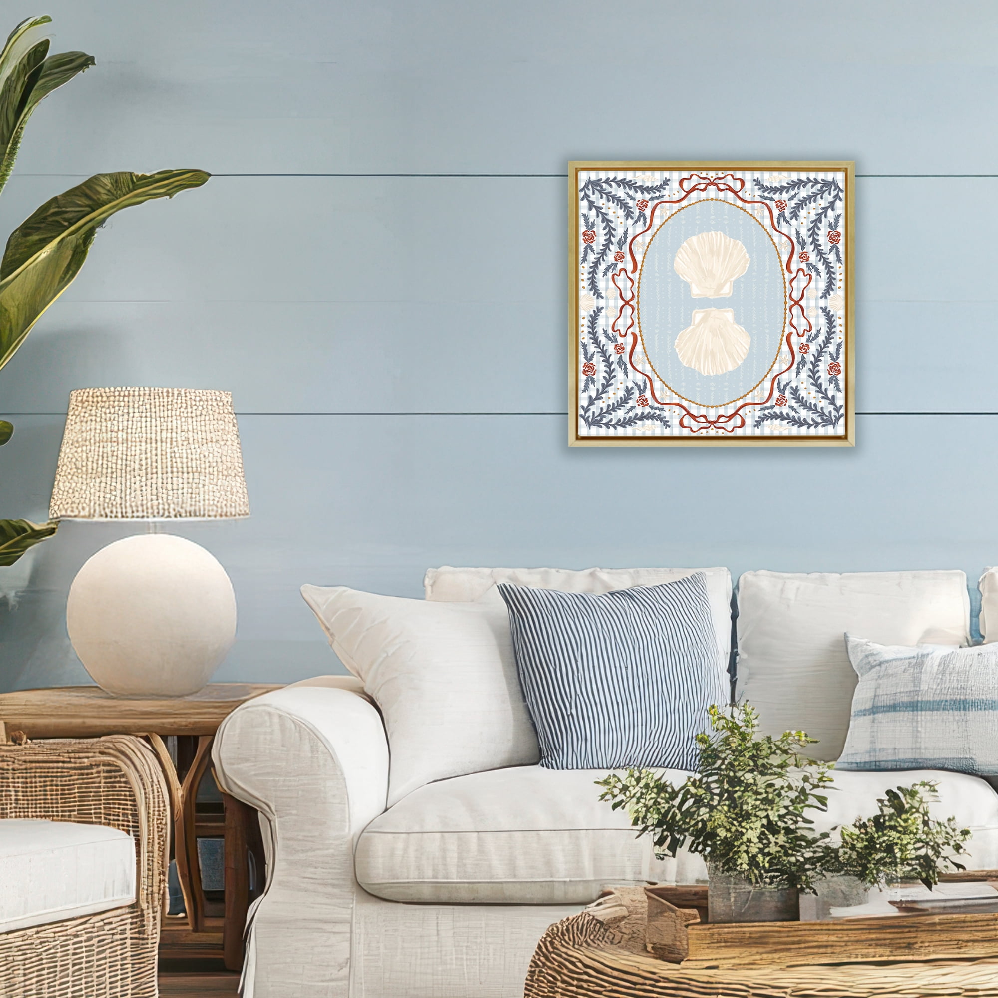 Stupell Industries Shells Portrait on Gingham Gold Framed Floater Canvas Wall Art, design by Vero Illustrates