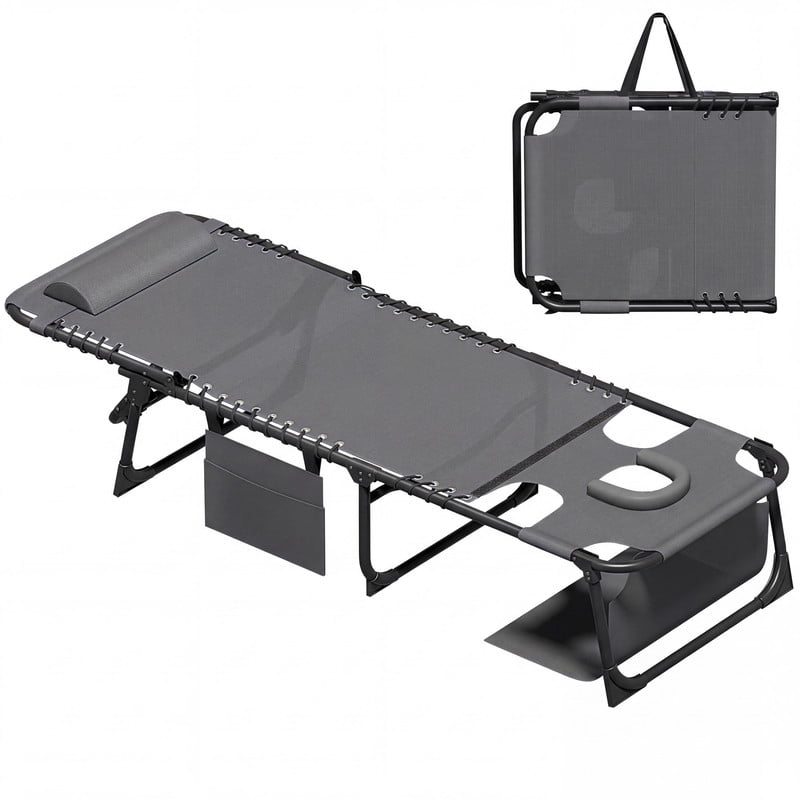 Lacoo Teslin Foldable Lounge Chair, Outdoor Chaise Lounge with Sauna, 5-Position Adjustable Beach Chair, Gray