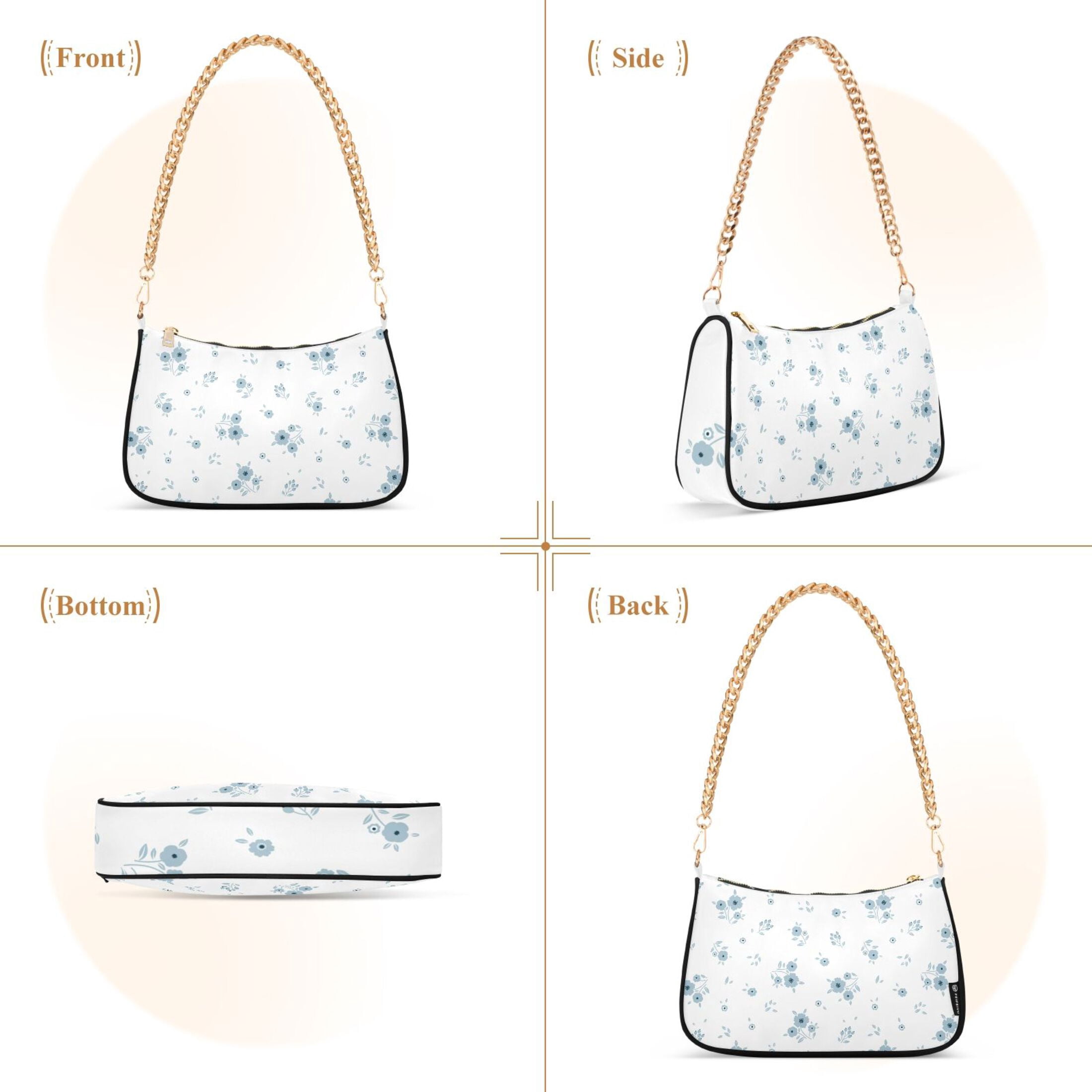 Cute Blue Floral Small Flower Womens Chain Shoulder Bag Tote Handbag Clutch Hobo Purse with Zipper for Travel Casual